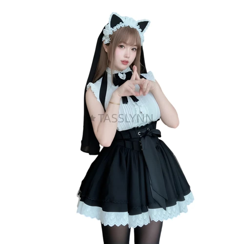 Costume da Suora con Orecchie di Gatto per Donna, Abito Gotico Lolita con Finiture in Pizzo e Gonna a Vita Alta per Feste di Halloween