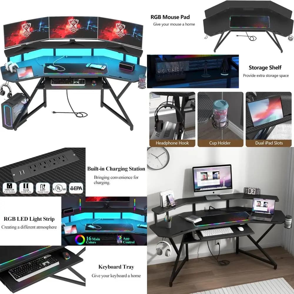 Grande scrivania da gioco con striscia LED, presa di corrente, supporto per monitor e vassoio per tastiera - Scrivania per computer a forma di ala per una configurazione ottimale