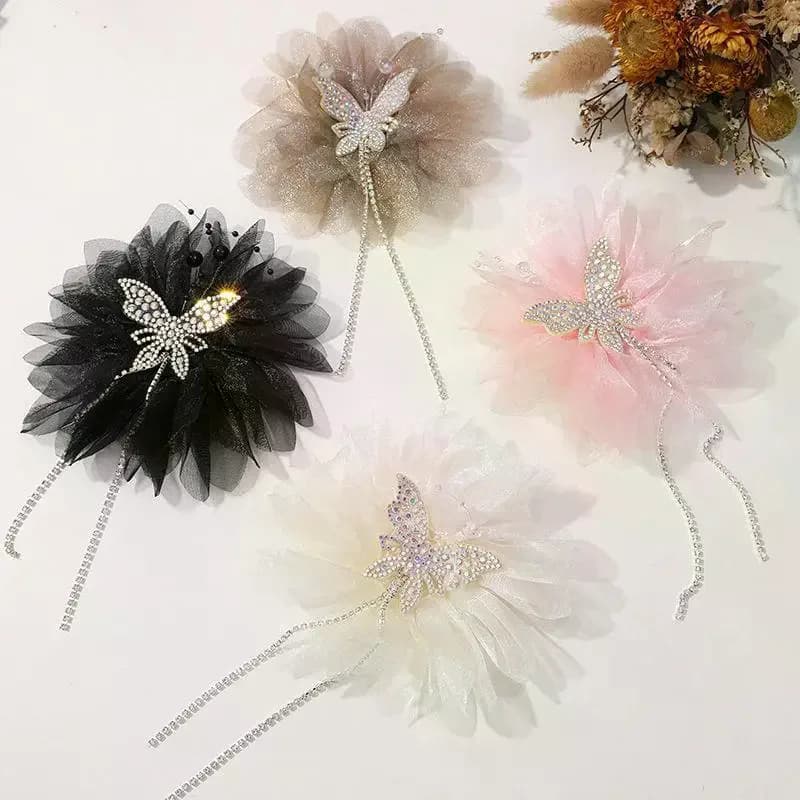 Soft Fluffy Tulle Hair Claw Clips Rhinestone Butterfly Sparkly Crystal Tassel For Women Wedding Party Wear