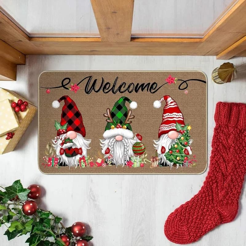 VIKAMA Christmas Gnome Welcome Doormat Buffalo Plaid Faceless Gnome Anti‑Slip Entrance Floor Mat Xmas Holiday Home Decor