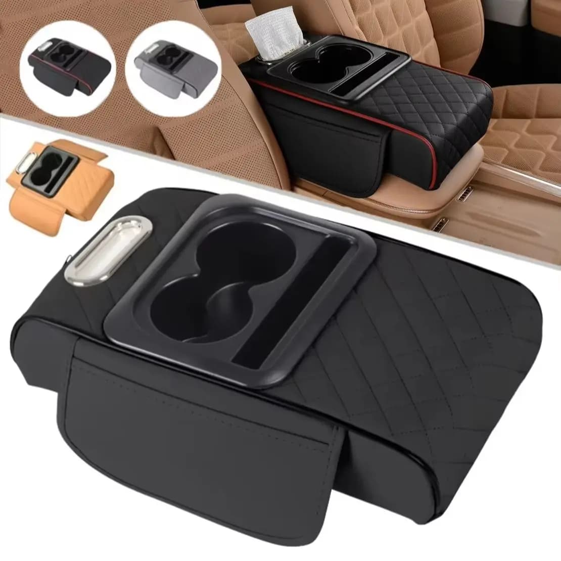 Cuscino per bracciolo in pelle PU 1PC con portabicchieri Scatola per fazzoletti Cuscino per bracciolo per auto con console centrale per auto Cuscino per bracciolo per auto