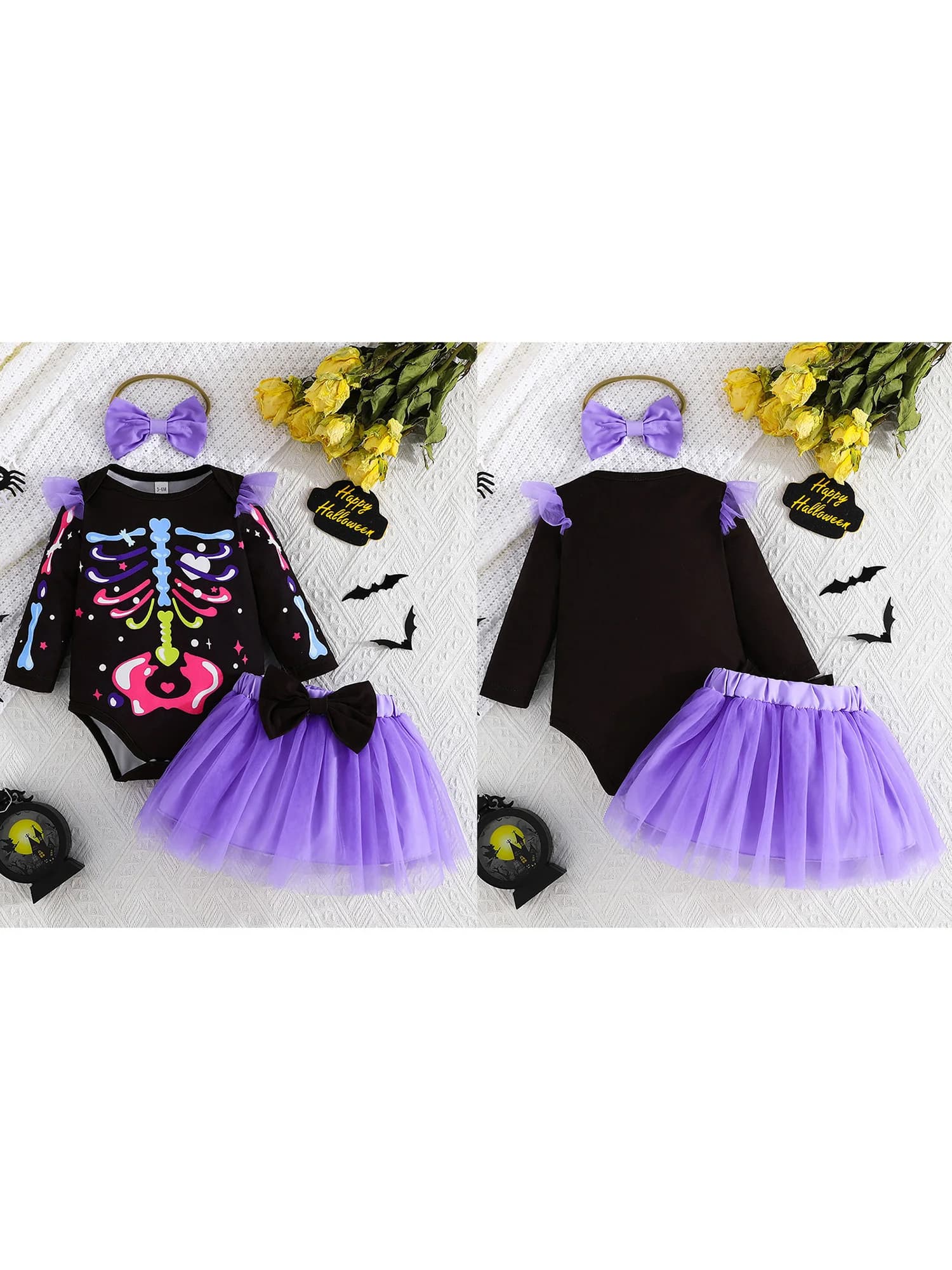 Adorabile set di costumi di Halloween per neonate con gonna a rete e pagliaccetto con stampa scheletro e fascia per capelli - Completo da 3 pezzi per un spettrale