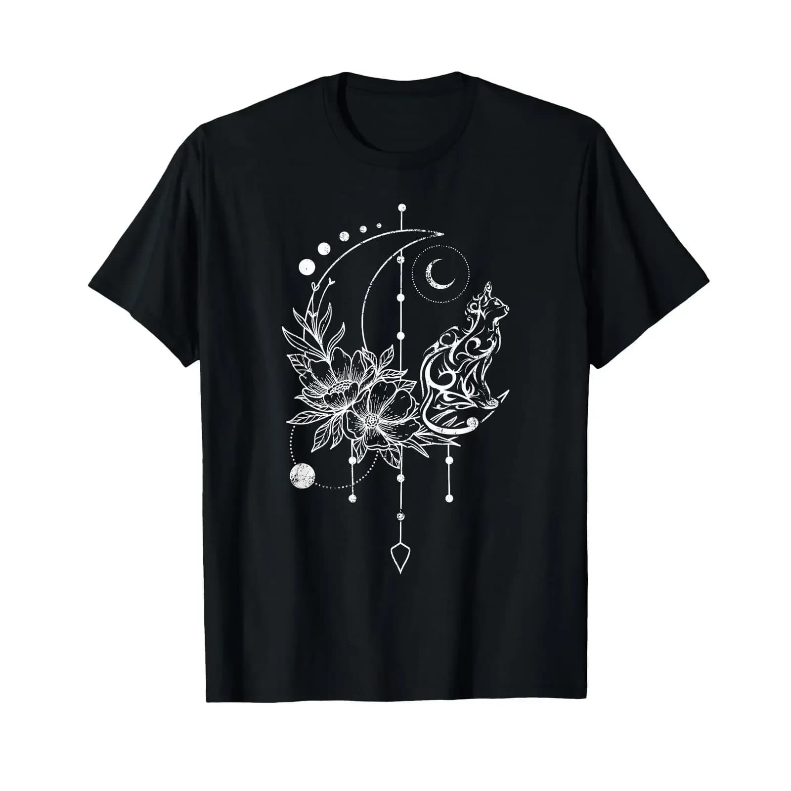 Crescent Moon Cat Dream Catcher Flowers T Shirt black s vintage Washed Casual Unisex homme Slightly graphic Soft