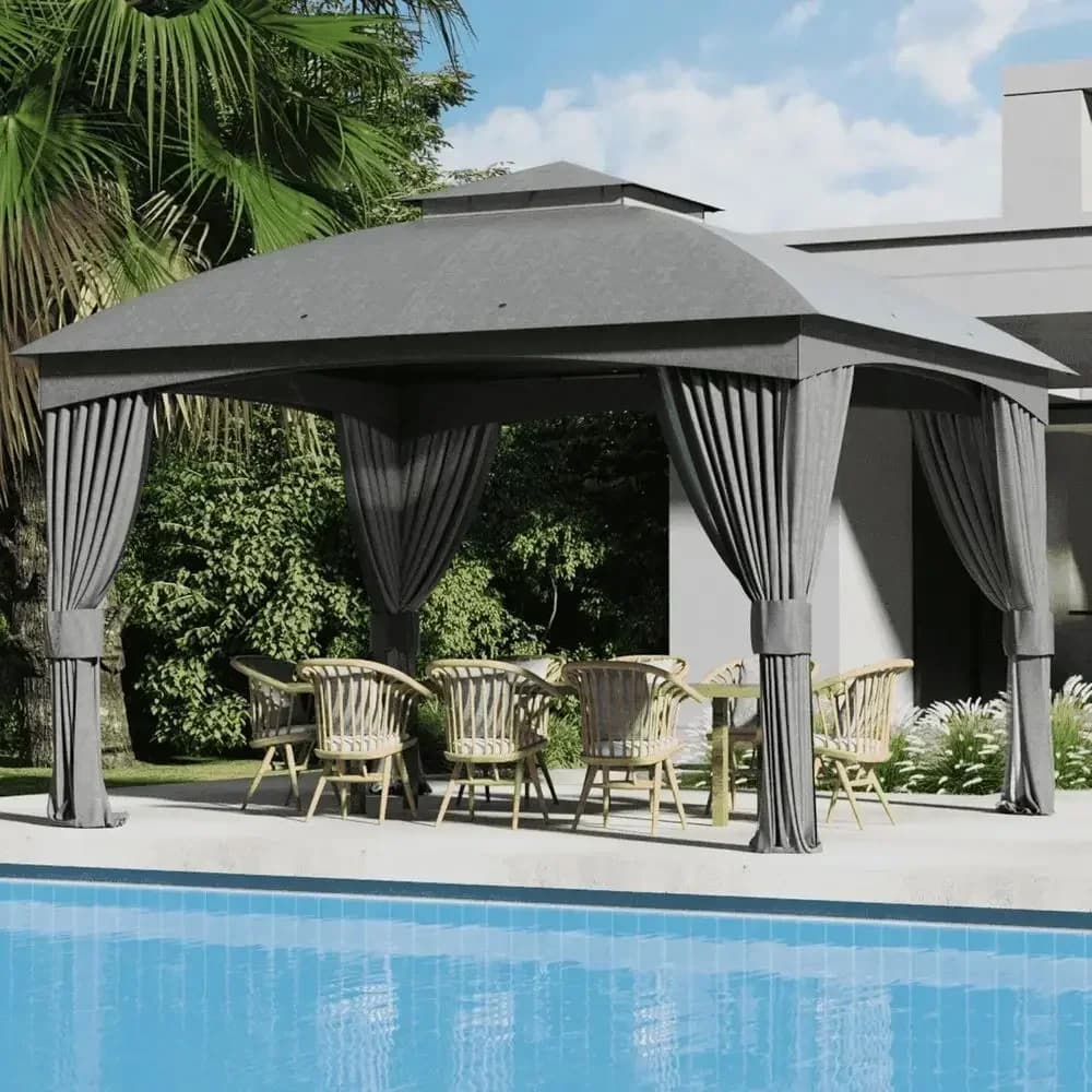 Sturdy 11x13Ft Outdoor Patio Pavilion with Galvanized Steel Frame, Double Roof, Curtains, and Netting for Garden, Yard, and Lawn