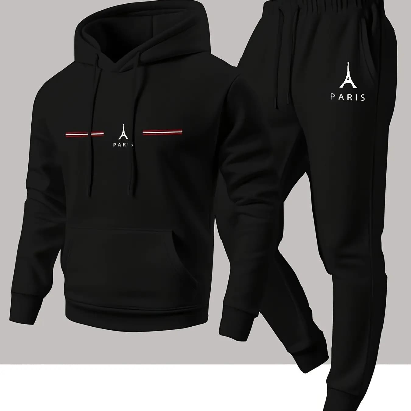 2026 Men Paris Eiffel Tower Print Hoodie Jogger 2‑Piece Set, European Casual Street Sportswear for Autumn‑Winter Daily Wear
