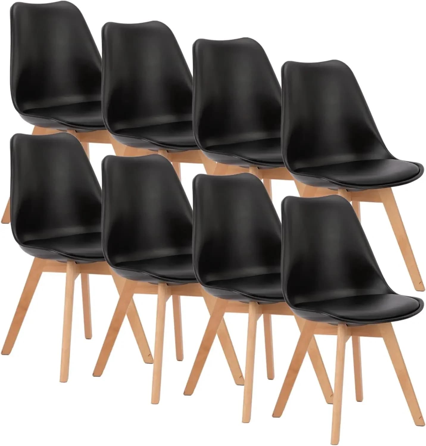 Set of eight Mid-Century Modern dining chairs with wooden legs and PU leather cushions for living room, bedroom, outdoor lounge, black kit