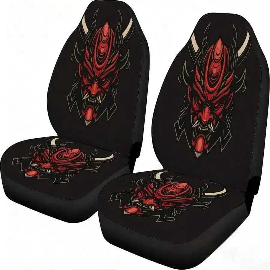 2-Piece Red Oni Mask Car Seat Cover Set For Front Seats Polyester Material Compatible With Sedans SUVs Trucks