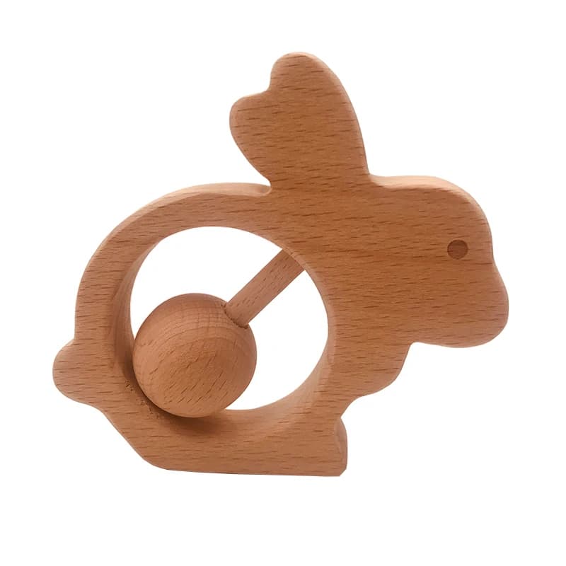 ABCPICK Legno di faggio Animali del fumetto Coniglio Sonagli Giocattoli molari per bambini Giocattoli per la dentizione in legno per neonati Massaggiagengive Giocattoli