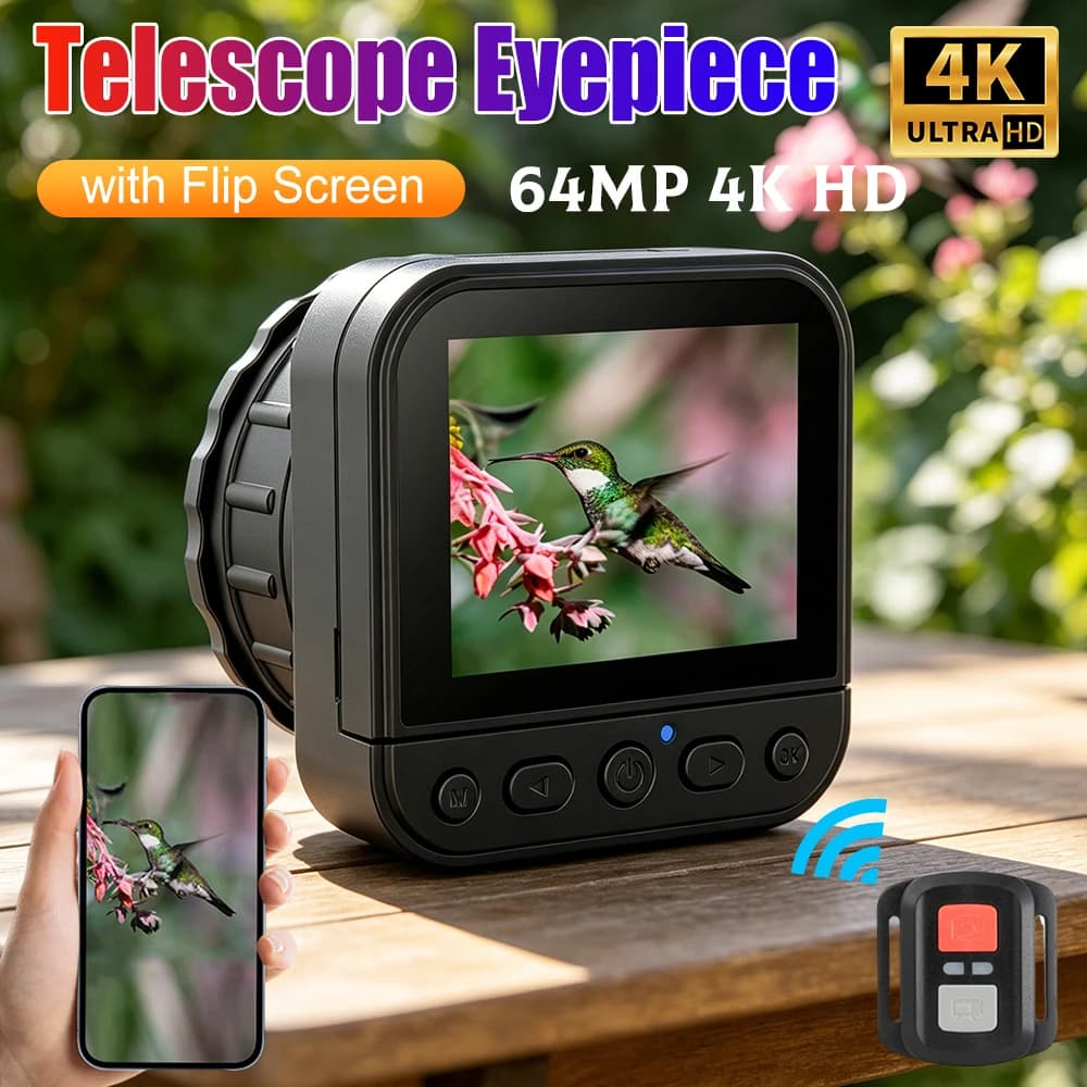Oculare per Telescopio con Schermo Ribaltabile, Fotocamera 64MP 4K HD 2.4G WiFi Portatile per Binocoli Astronomici e Microscopi