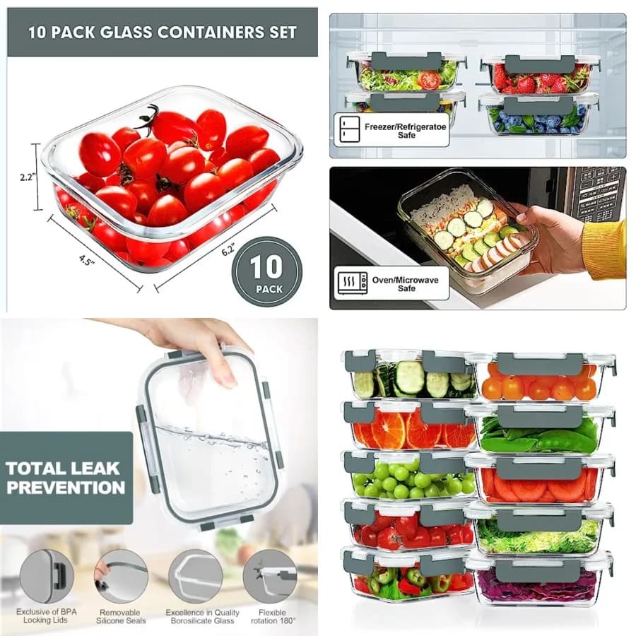 Set di 10 Contenitori in Vetro da 22 OZ per Preparazione Pasti, Contenitori Ermetici in Vetro per Pranzo, Set di Contenitori in Vetro per Conservazione Alimenti con Coperchi, Esclusivi