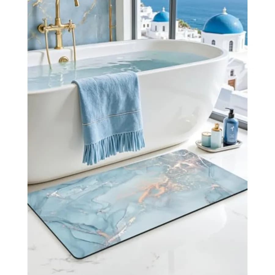 Bathroom Mat Ultra Thin 24x43 Non Slip Bath Rug for Shower Floor Absorbent Quick Dry Marble Bathmats Low Profile