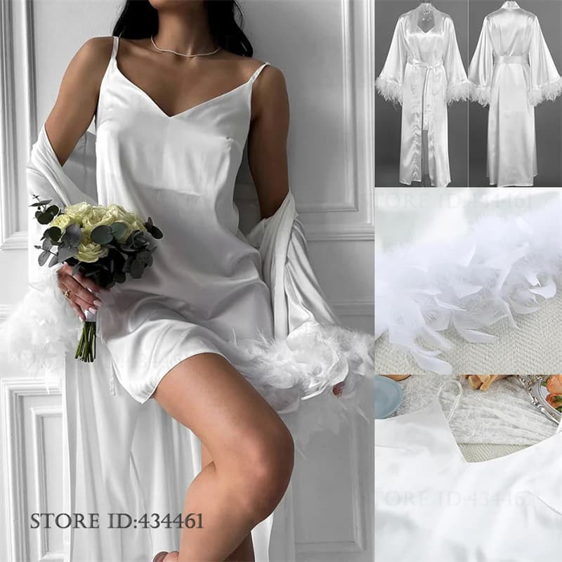 Set Lussuoso di Vestaglia Lunga in Raso con Piume e Camicia da Notte con Bretelle, Bianco, Lingerie Nuziale, Accappatoio per Sposa, per Servizio Fotografico, Abbigliamento Sexy per il Relax