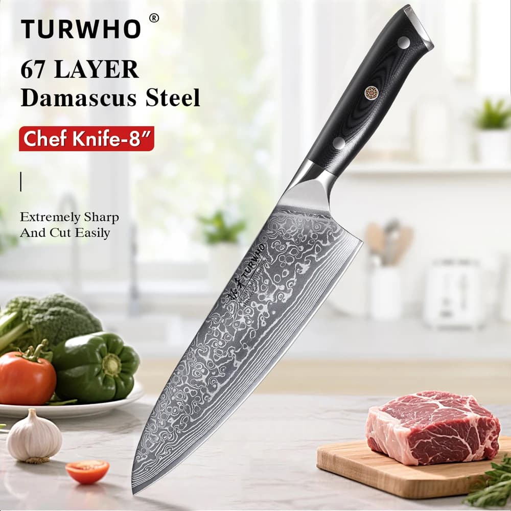 TURWHO Coltelli da chef professionali da 8 pollici Giappone 67 strati Acciaio di Damasco Coltello da cucina per carne e verdure super affilato Strumenti di cottura