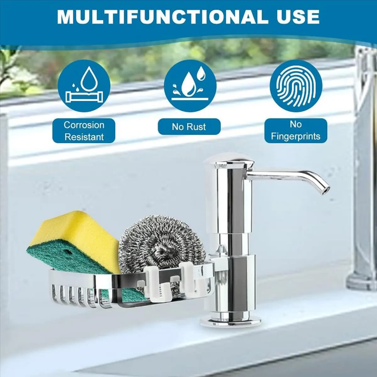 Dispenser di sapone per lavello da cucina, pompa dispenser di sapone incorporata con supporto per spugna e kit tubo di prolunga per sotto il bancone,A