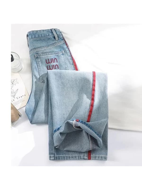 High Waist Wide Leg Embroidered Knife Jeans Women's Spring Autumn plus Size Splicing Slimming Loose Fit Tapered Jeans