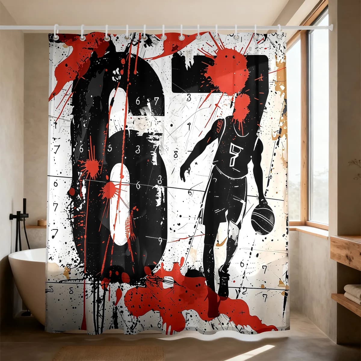 Waterproof Shower Curtain Basketball Sports Graffiti Abstract Red Splatter Bathroom Decor 180x180cm