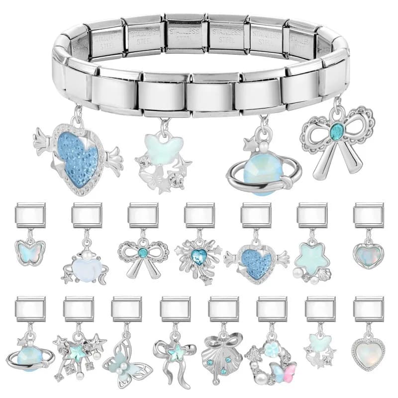 Dreamy Shell Star Butterfly Bow Y2K Blue Pendant Italian Charm Links Fit 9mm Stainless Steel Bracelet Girls' DIY Making Jewelry