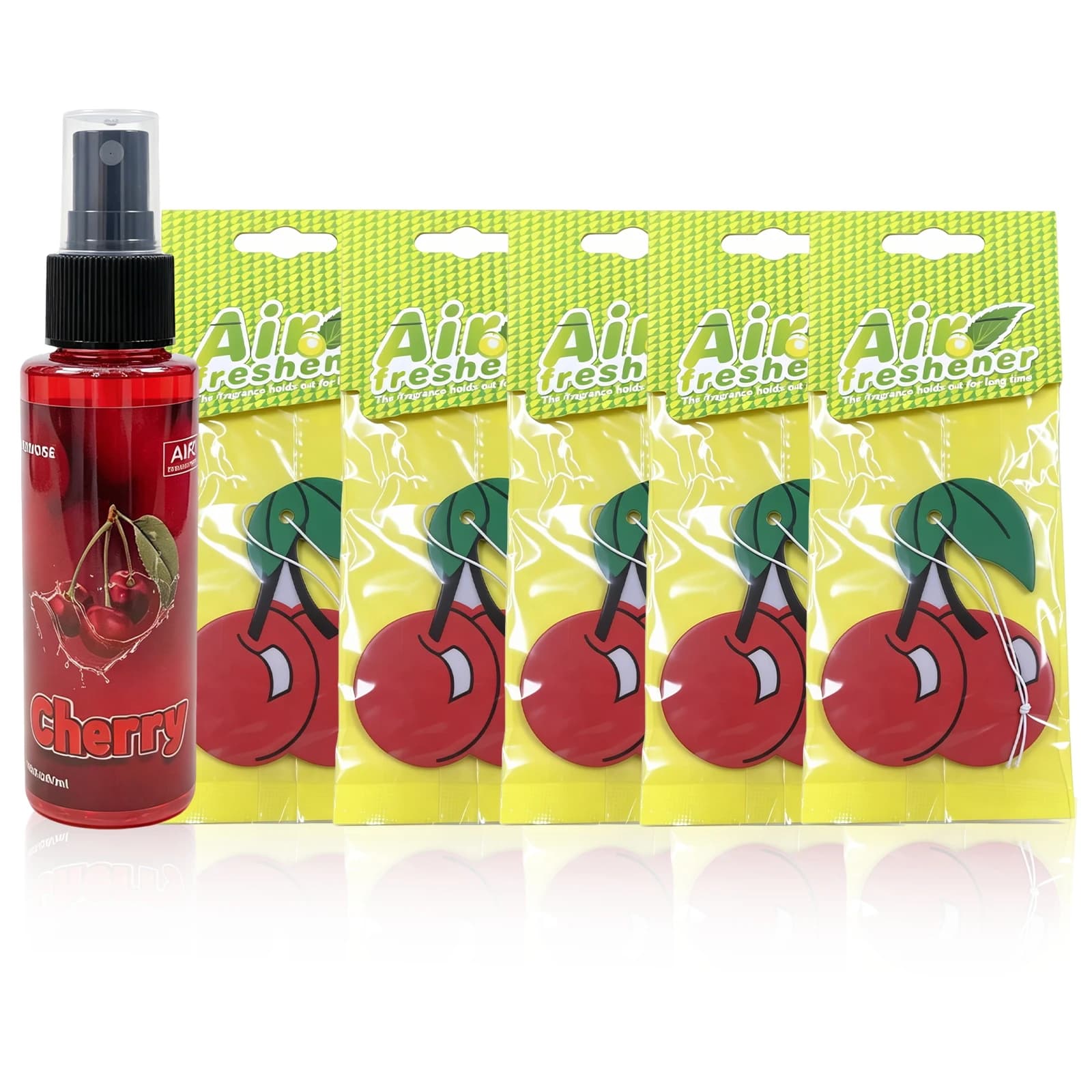 Combo Deodorante per Ambienti al Profumo di Ciliegia 1+5 - 1 Flacone Spray + 5 Fogli Deodoranti a Forma di Ciliegia da Appendere, Fragranza a Lunga Durata per Auto, Casa