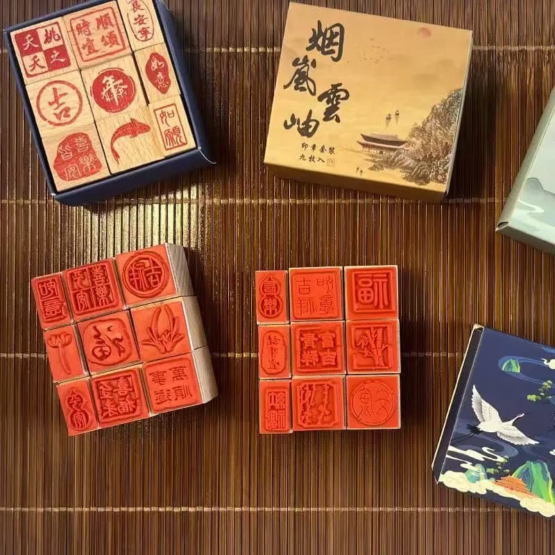 9pcs Ready-to-Use Chinese Calligraphy Seal, Small Antique Signature Chop for Ink Painting & Document, Traditional Stamp Set Gift