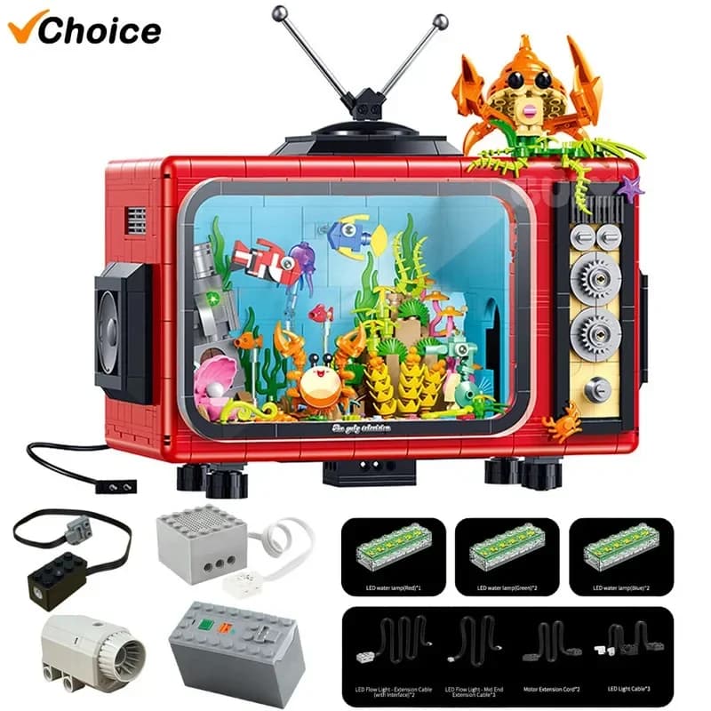 1718pcs Classic Series Building Blocks MOC Retro Ocean TV Model Kit with Light Children's Educational Toys Gift