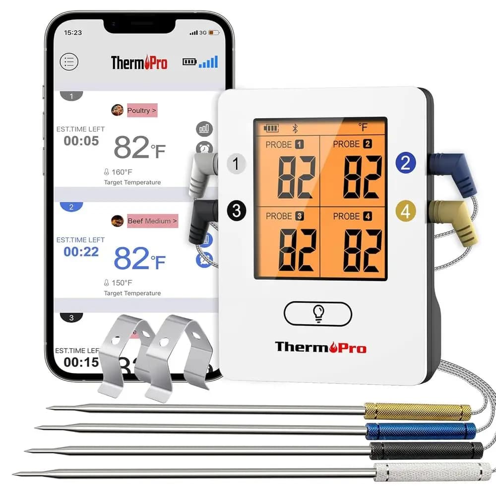 Wireless Meat Thermometer with 4 probes, Bluetooth Kitchen Thermometer, BBQ and Oven Thermometer, Rechargeable