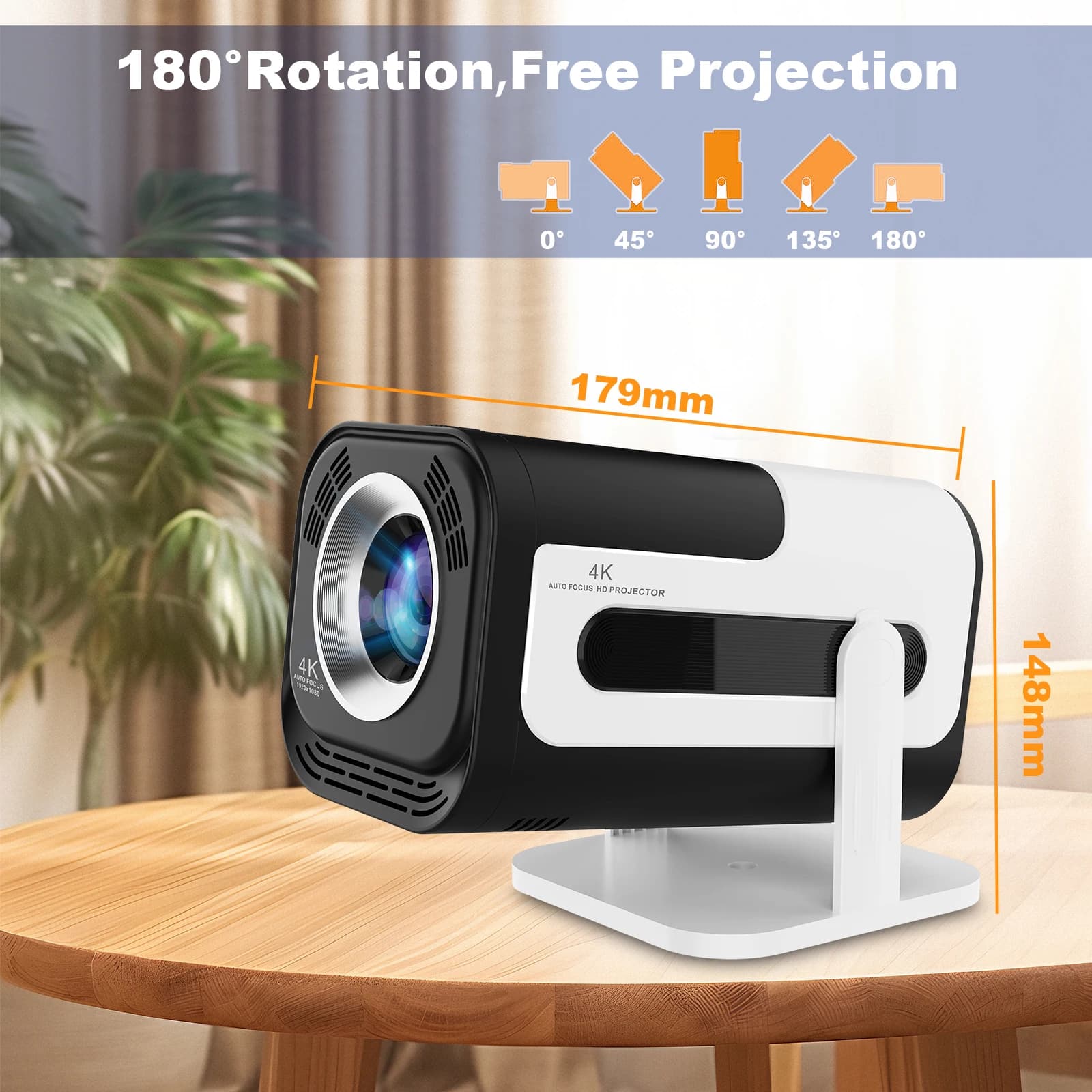 Mini proiettore, supporta 4K 1080P, WIFI6 5G dual-band, wireless 5.0, Bluetooth, Android 13, 180 ° Keystone C automatico e ruotabile