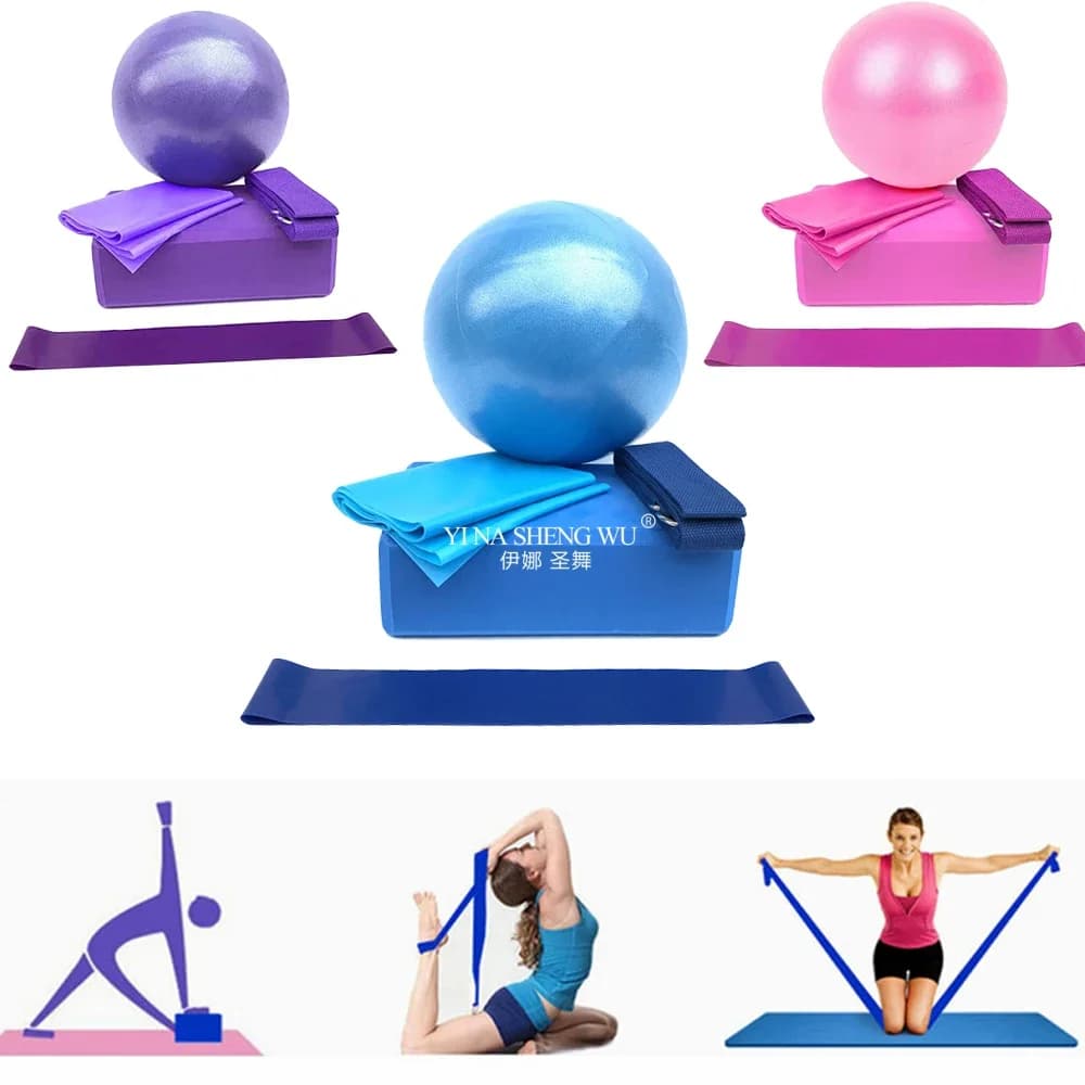 Initial kit for yoga Set of 5 pieces Set of yoga equipment with blocks Ball Elongation strap Resistance ring Backpack for exercises Pilates Fitness at home