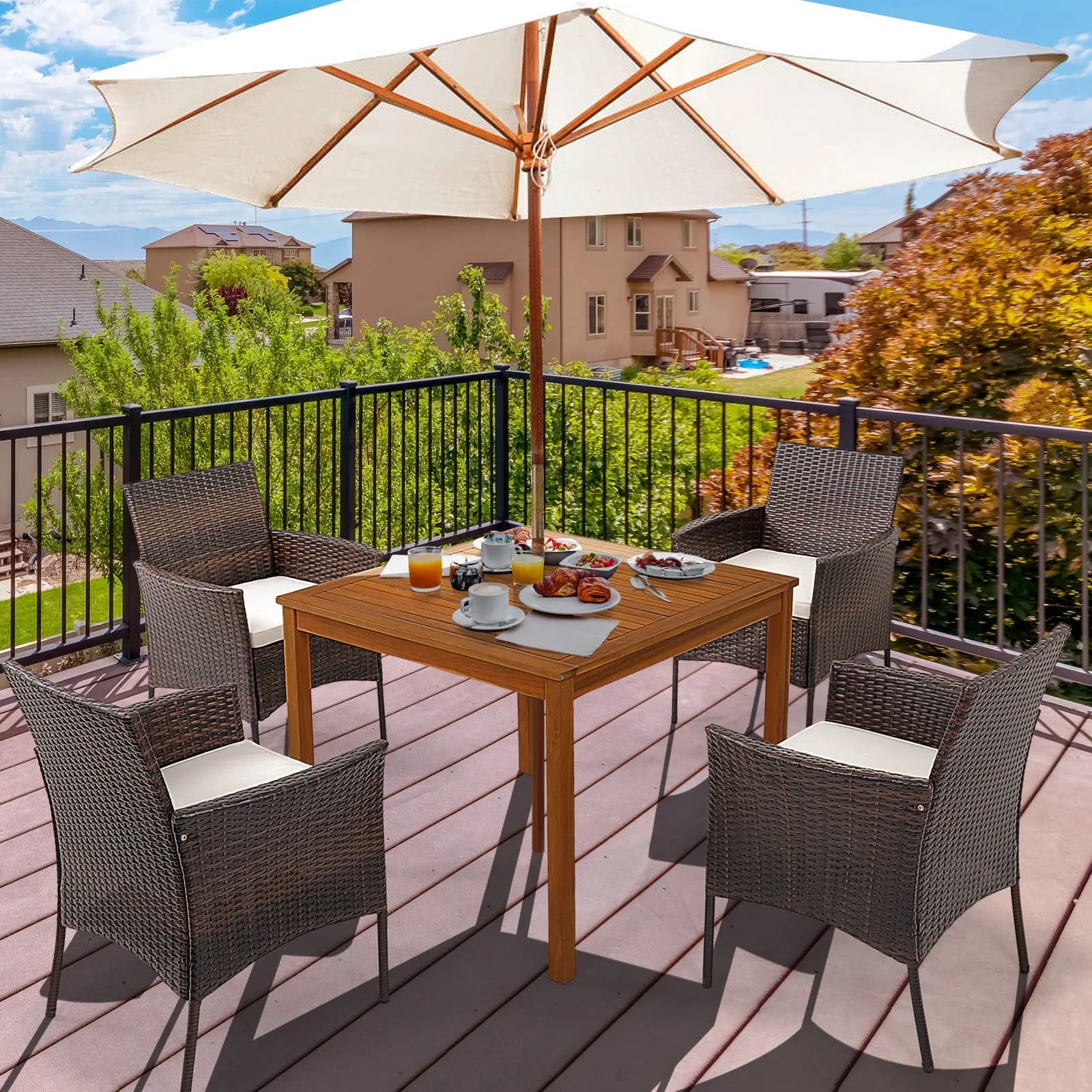4 sedie da pranzo in rattan per patio, sedili imbottiti, braccioli curvi, per portico esterno