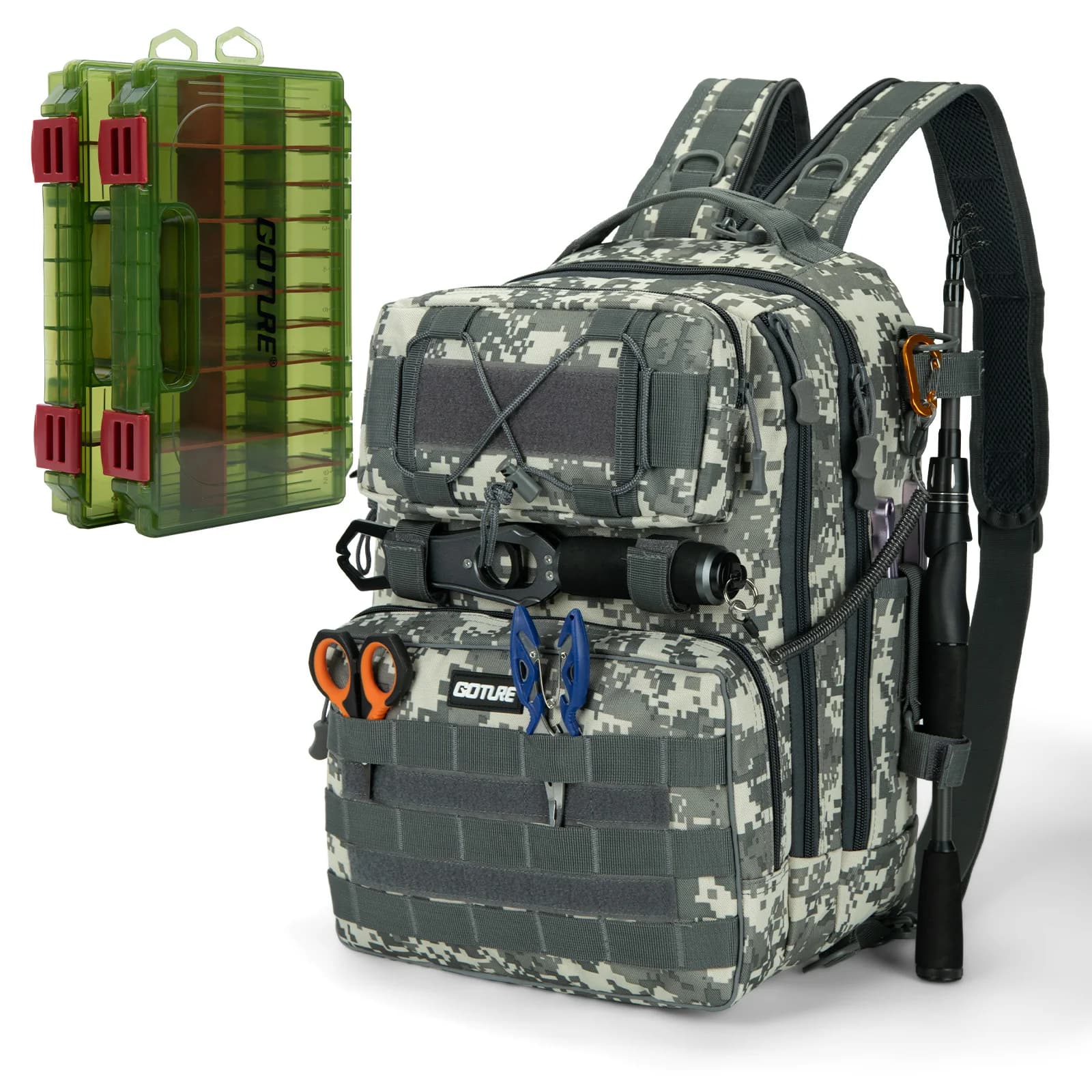 Goture Fishing Backpack with Candle Holder and Two Boxes 3600 Equipment, Waterproof Backpack for Fishing, Camping and Hiking Equipment