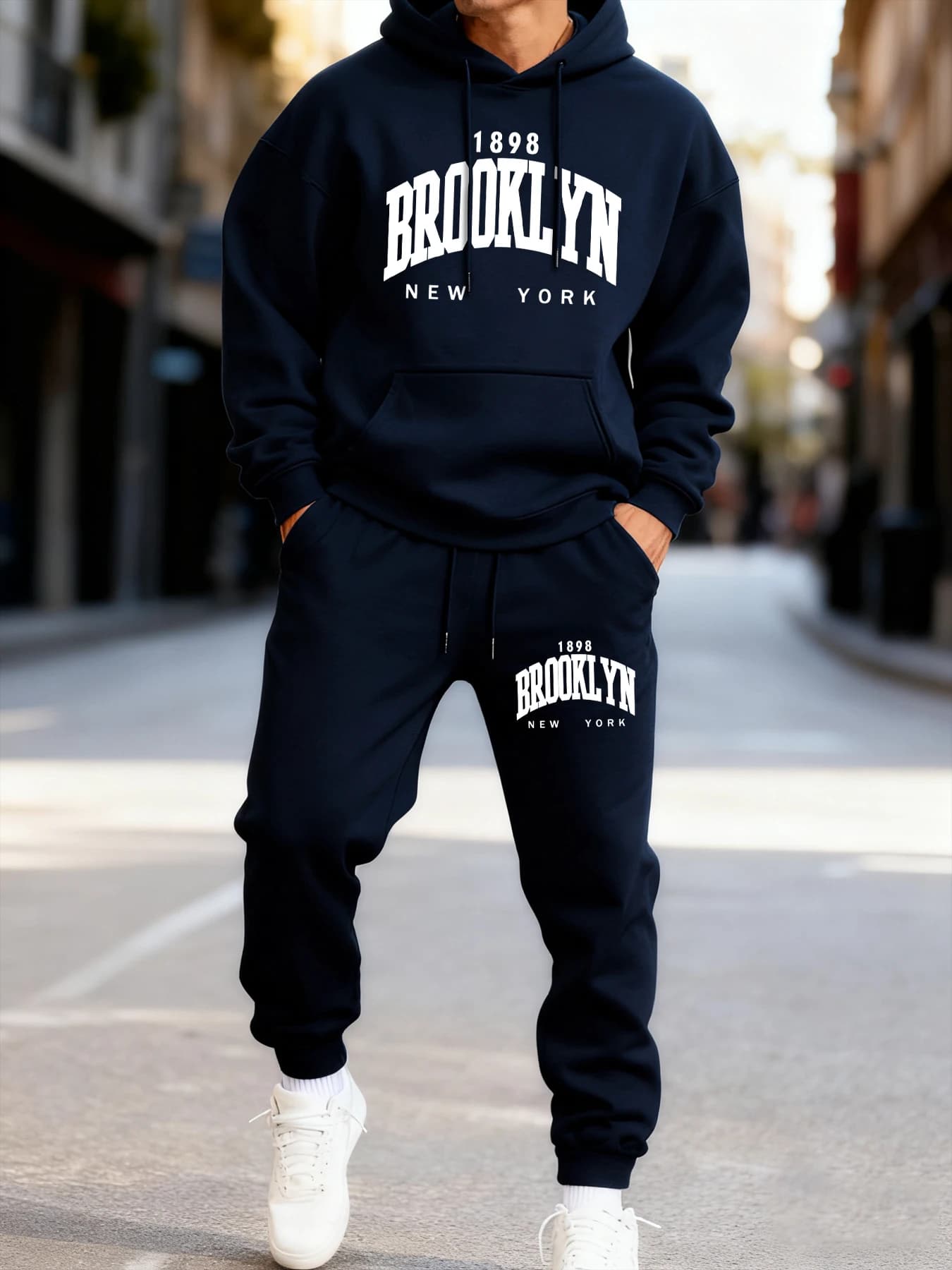 Men's Jogging Hoodie and Pants Set with 'Brooklyn New York' Print, Two Pieces, Autumn Casual Style