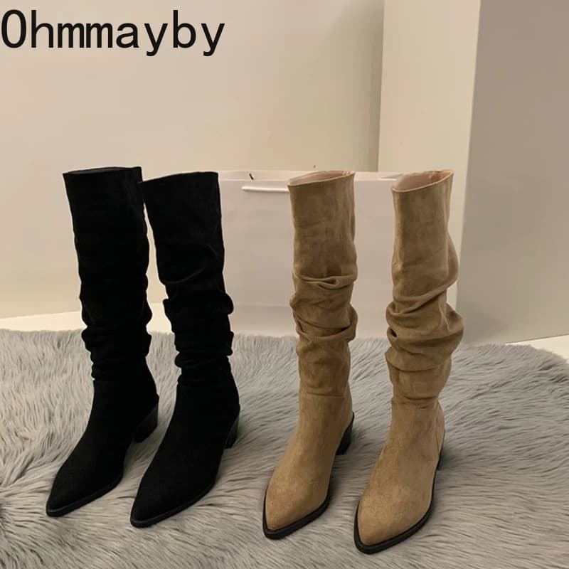 Vintage Pleated Woman Knee High Boot Elegant Low Heel Autumn Winter Slip On Shoes Ladies Pointed Toe Knight Long Booties