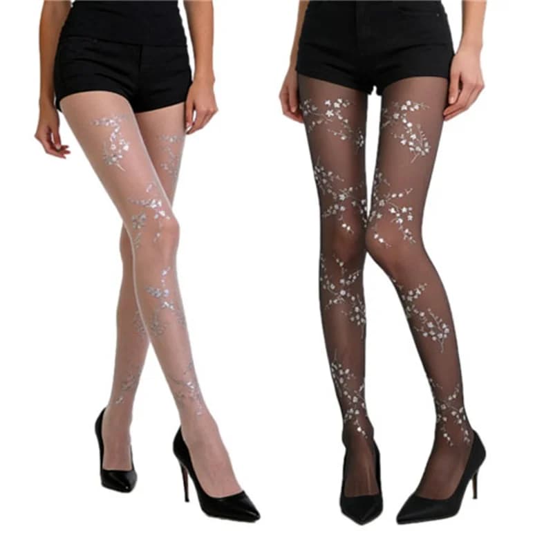 Collant Donna Sottile Estivo in Seta Nera con Glitter Argentati Scintillanti e Fiori Stampati in Lamina Metallica, Anti-Strappo