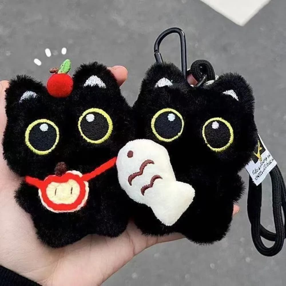 Portachiavi con bambola di peluche gatto nero con sciarpa, ciondolo per borsa a tracolla, borsa per fotocamera, portachiavi per auto, decorazione per zaino scolastico