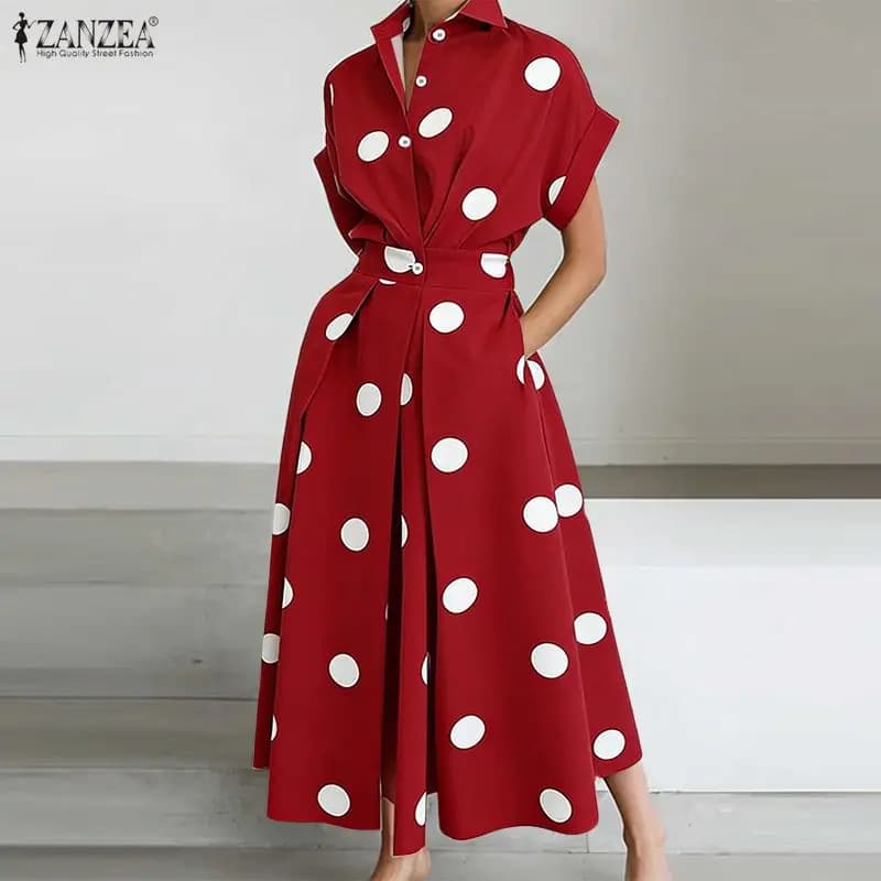 ZANZEA Abito Estivo da Donna a Pois 2026 Elegante con Risvolto a Maniche Corte per Ufficio, Vestito da Festa a Vita Alta