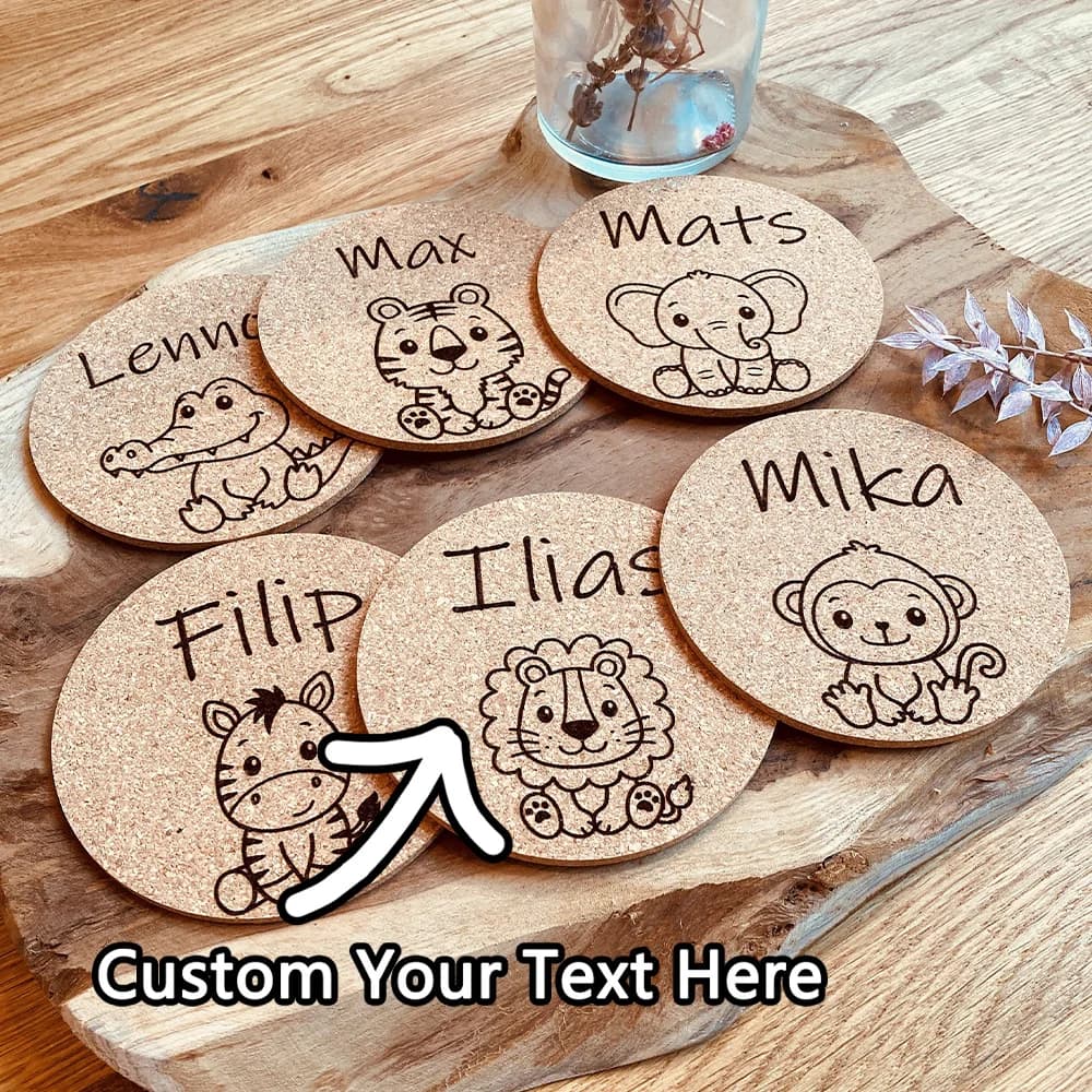 1 piece custom cork pad: name and date custom engraved, cute animal design, DIY, laser etched, ideal for everyday use and adorable