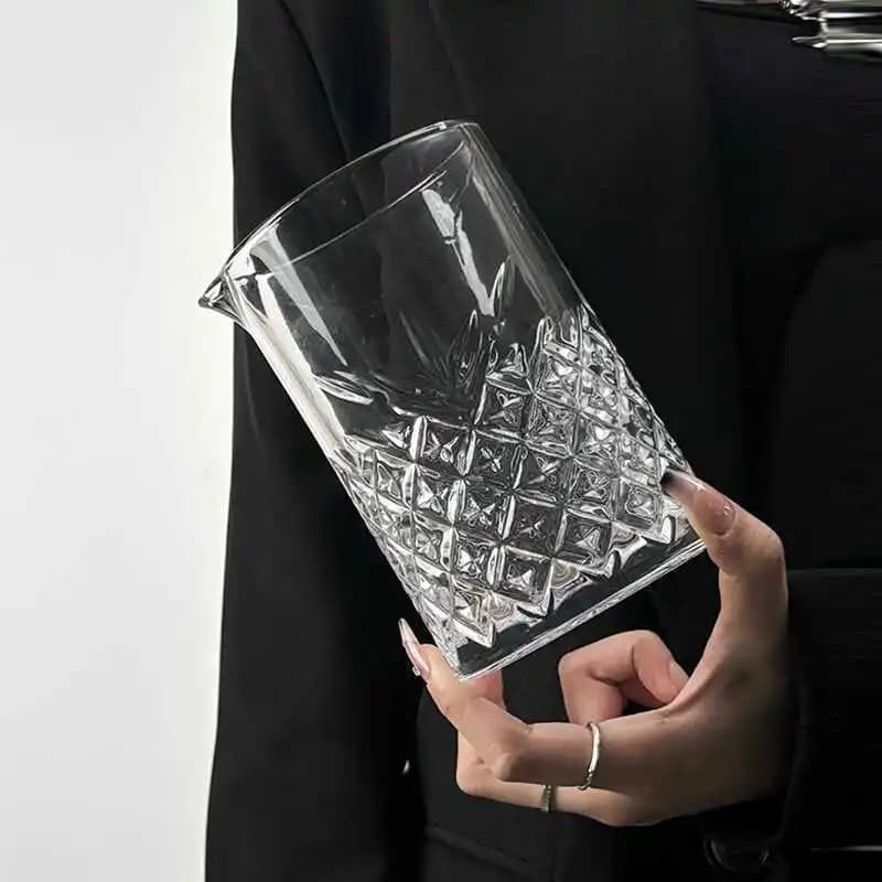 Tazza di vetro in stile giapponese, bicchiere per miscelazione bar, cocktail shaker inciso trasparente