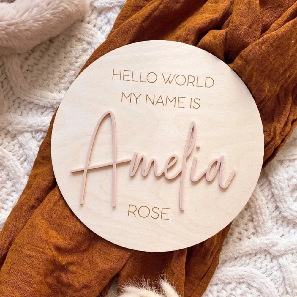 Custom Targa with name Hello World in wood - Newborn announcement board - Targa with name for birth announcement