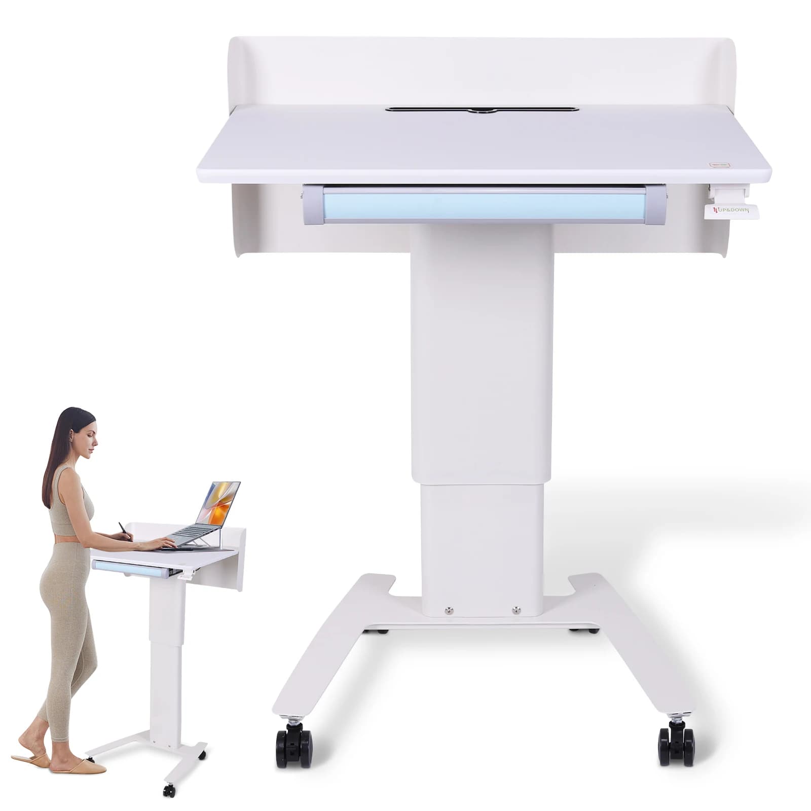 Mobile Lectern Podium with Wheels Portable Stand Up Desk Adjustable Height with Storage Tray for Presentations & Public Speaking