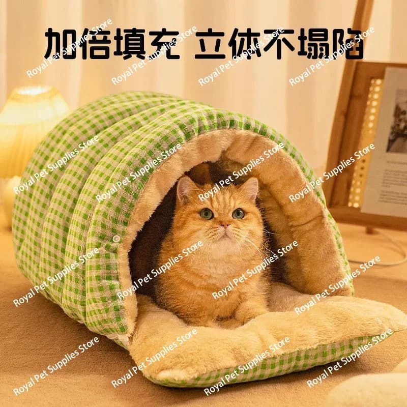 Lettiera per gatti a scacchiera, calda in inverno, lettiera chiusa per animali domestici, letti per gatti sicuri, cuccia per cani di piccola taglia, lettiera per animali domestici