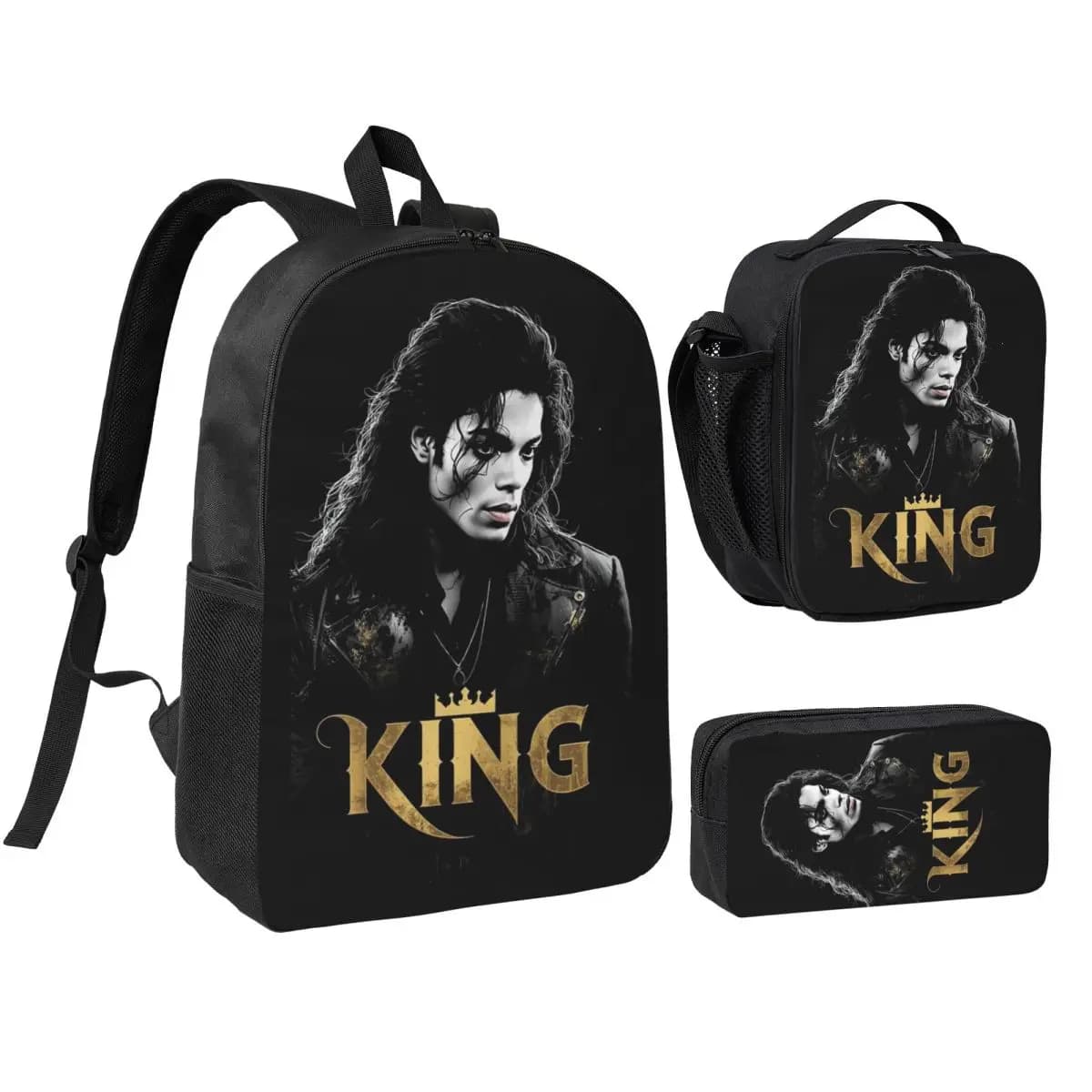 MJ King Of Pop 3pecs/set Backpack for Student Canvas Bags Lunch bag Pencil Case
