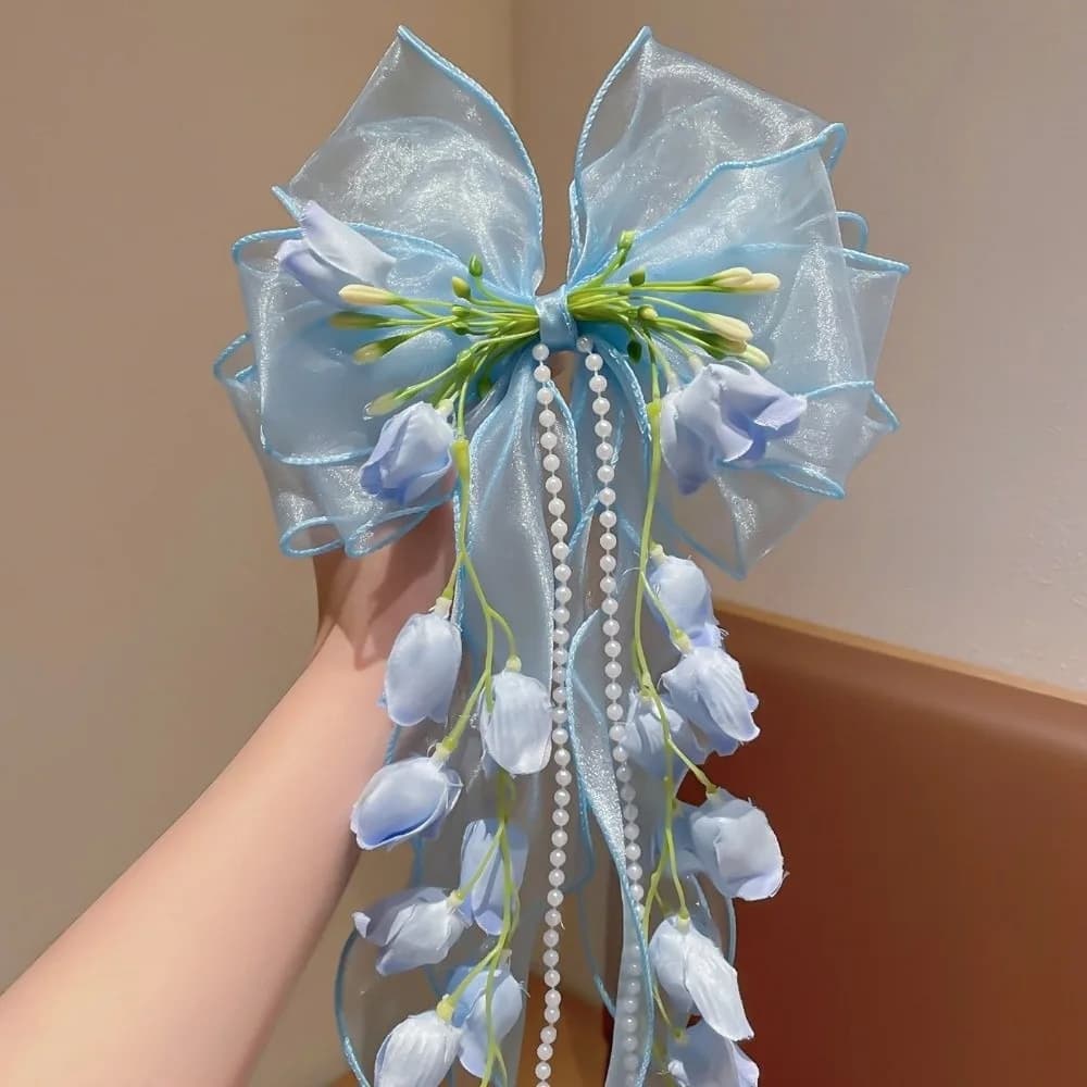 Fashionable Sweet Fairy Flower Hair Clip Long Ribbon Mesh Lace Bow Duckbill Clip Headpieces Silk Gauze Flower Hairpin Bride