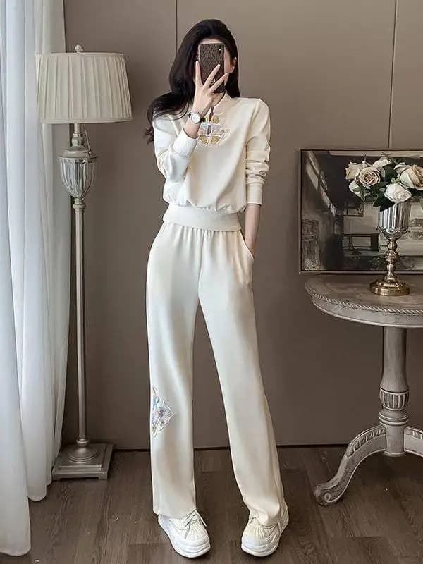 Completo Sportivo Casual Primaverile Autunnale da Donna: Felpa Ricamata e Pantaloni, Set Due Pezzi alla Moda con Design Anti-Invecchiamento e Bottoni