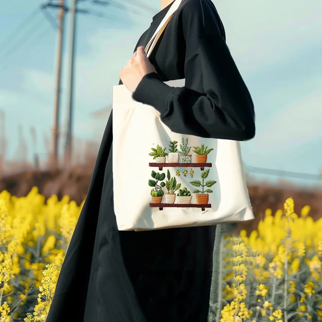 Borsa ricamata Piante verdi Kit iniziale per ricamo Kit fai da te Set per principianti Cucito Arte dell'ago