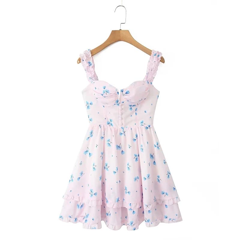YENKYE Estate Donna Stampa floreale Sling Mini abito Orecchio Fungo Bordo Cinghie Orlo Volant A-line Abiti da festa di festa Abito in chiffon