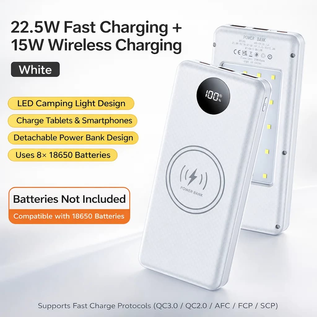 Custodia Power Bank 20000mAh 8×18650 con Ricarica Rapida 22.5W, Ricarica Wireless 15W, Luce LED da Campeggio, Scatola Batteria Fai-da-te (Batteria Non Inclusa)