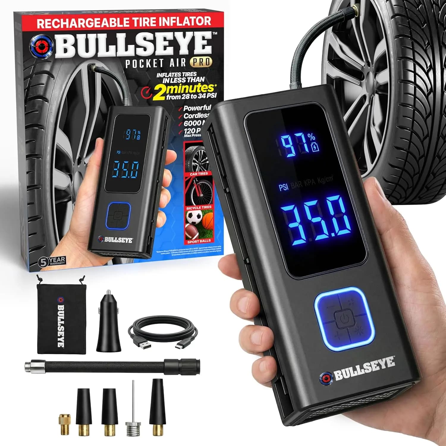 Compressore d'Aria Portatile con Spegnimento Automatico, Ricaricabile Senza Fili 6000mAh, 150 PSI per Auto e Biciclette