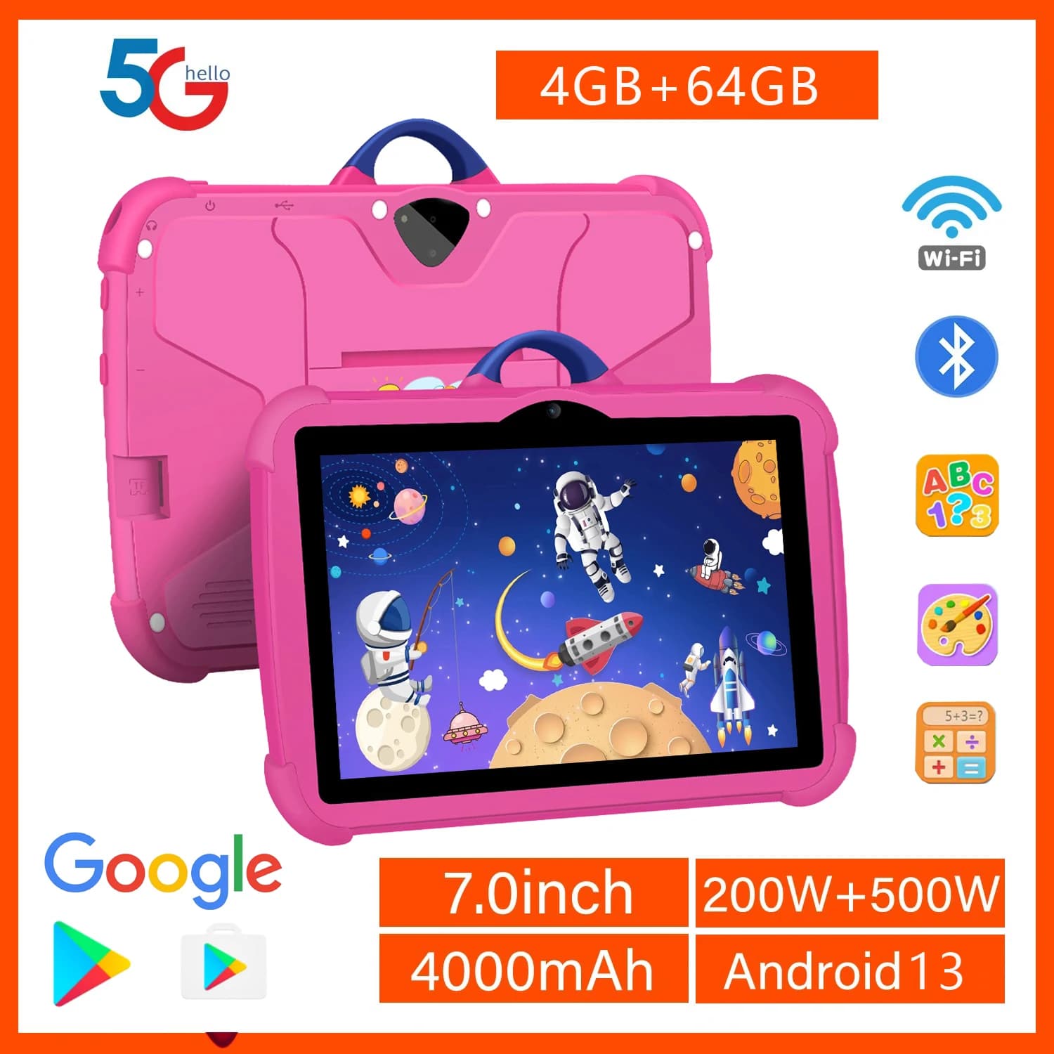 Nuovo tablet per bambini WiFi da 7 pollici 5G per lo studio educativo Quad Core 4 GB RAM 64 GB ROM Tavolette WiFi con custodia portatile per regali per bambini