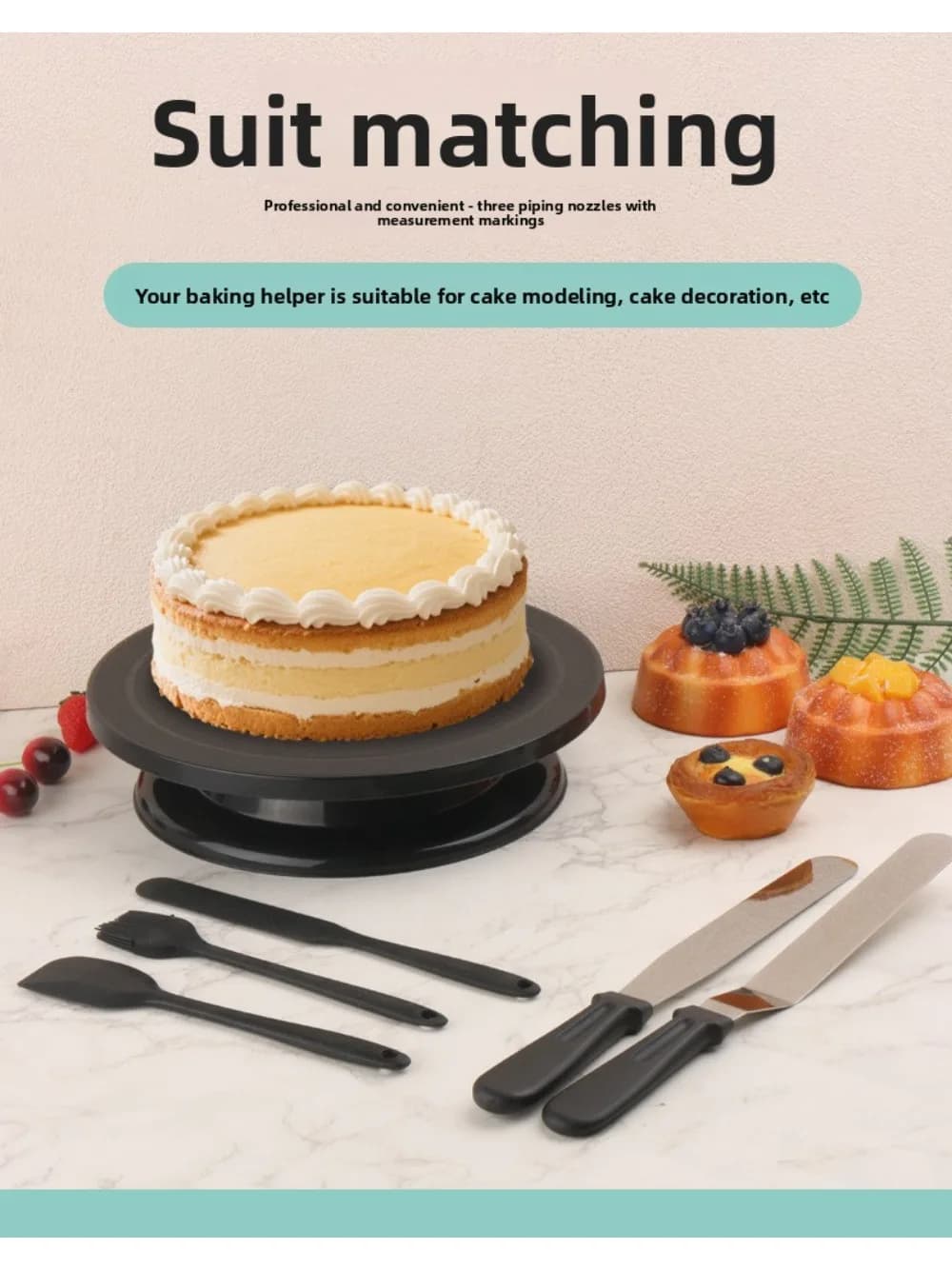 Set di supporti girevoli per torte in plastica, supporto girevole per decorare torte, include spatola per crema, set di strumenti per la decorazione fai-da-te.