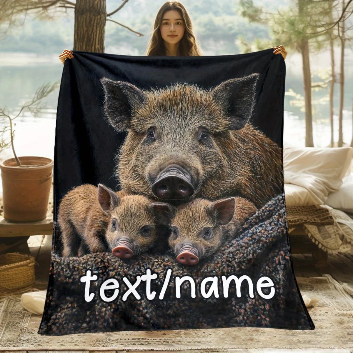 Coperta personalizzata in flanella di cinghiale da 1 pezzo con nome personalizzato, coperta accogliente per tutte le stagioni, leggera e morbida per il campeggio, il divano