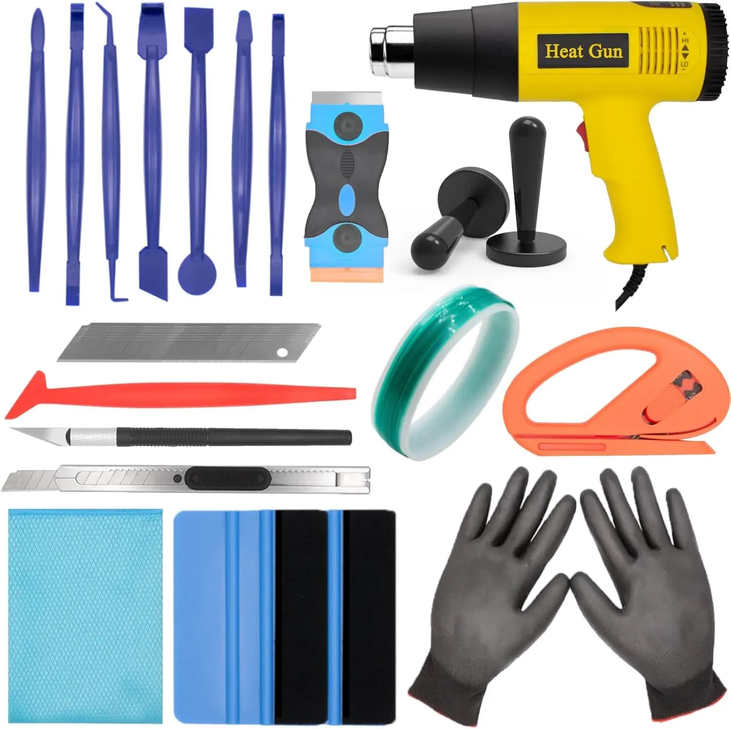 Kit di Strumenti per Applicazione Pellicole in Vinile con Pistola Termica, Squeegees, Coltelli, Raschietti e Accessori per una Facile Applicazione